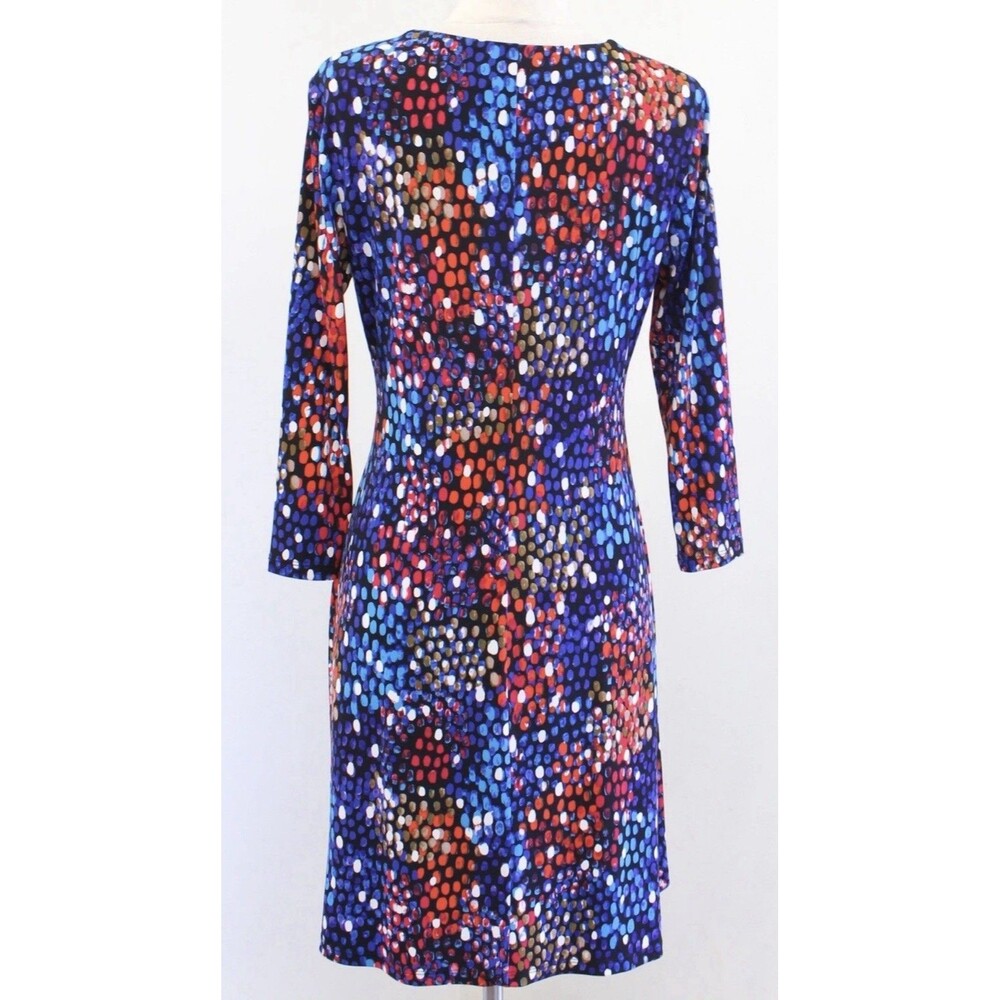 Calvin Klein Blue Colorful Dot Print Ruched Faux Wrap Jersey Dress Sz 12 V Neck - Picture 9 of 11